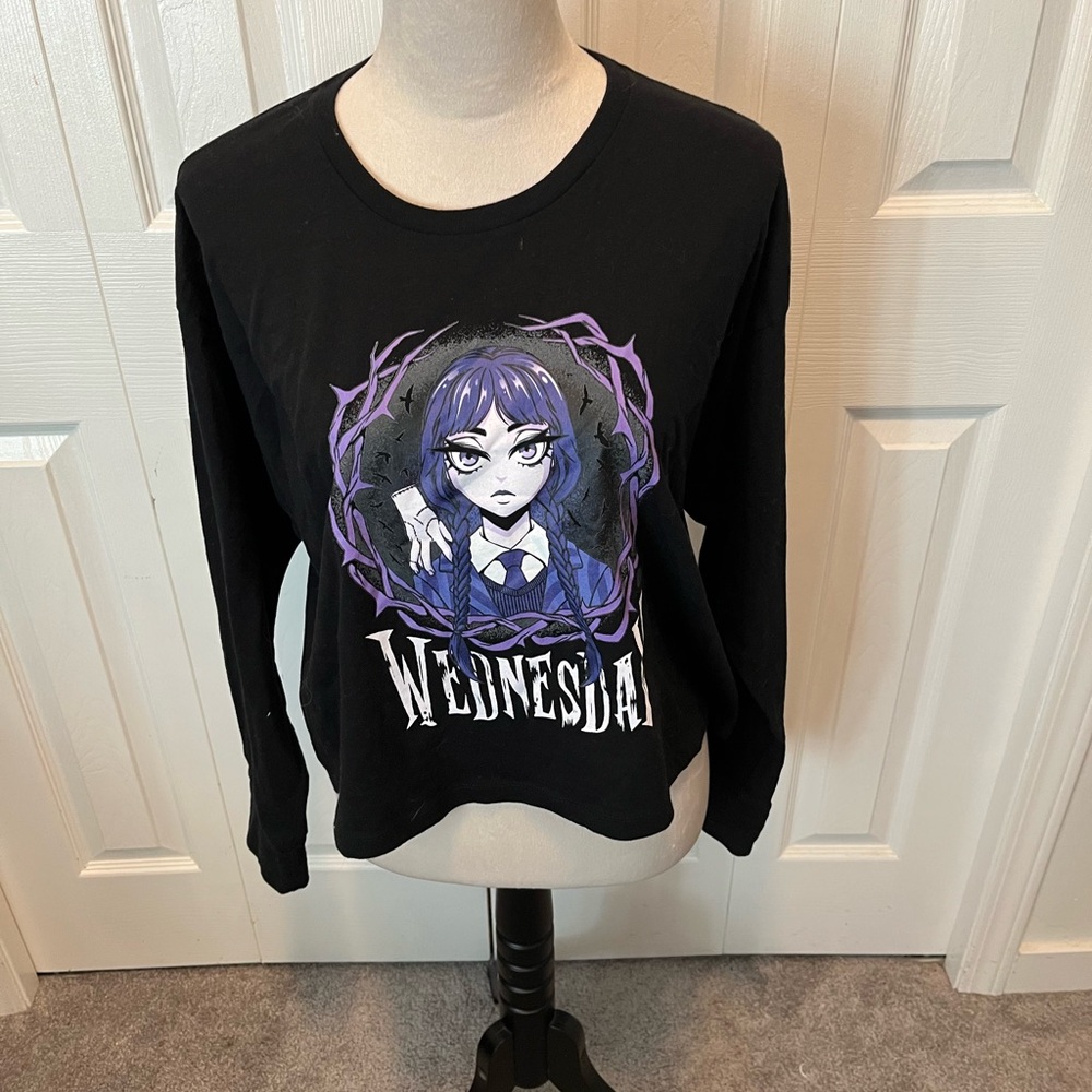 Wednesday size L Black Graphic Long Sleeve Top New with Tags